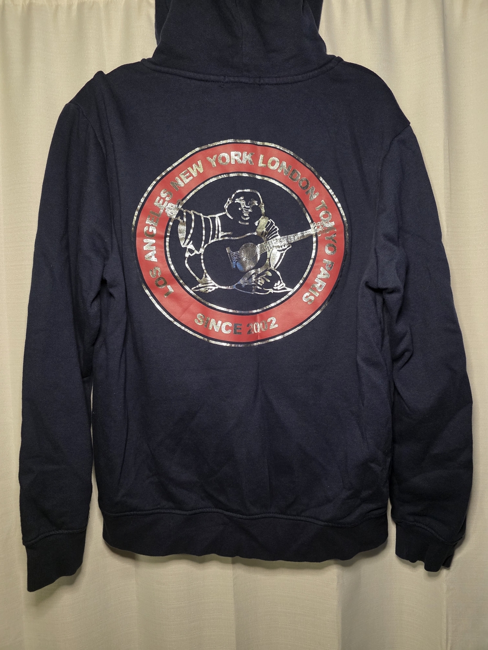 True Religion Navy Zip-Up Hoodie with Red and Silver Back Graphic